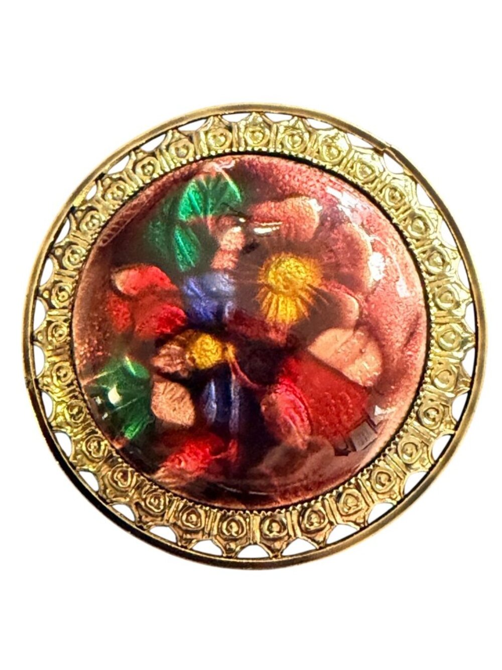 Vintage‎ Reverse Carved Lucite Brooch Gold Tone Floral Pin 1950s New Old Stock